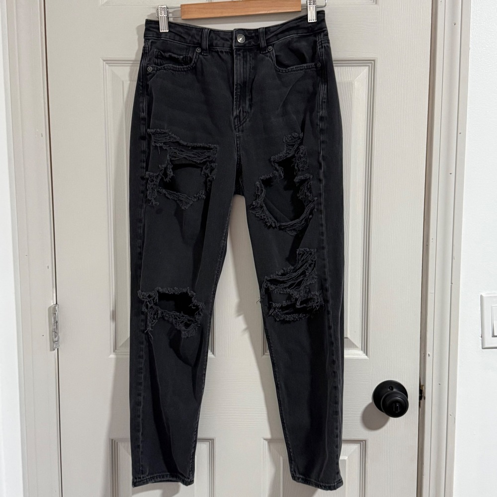American Eagle Mom Jeans‎ Womens 6 Black Distressed High Rise Grunge Casual